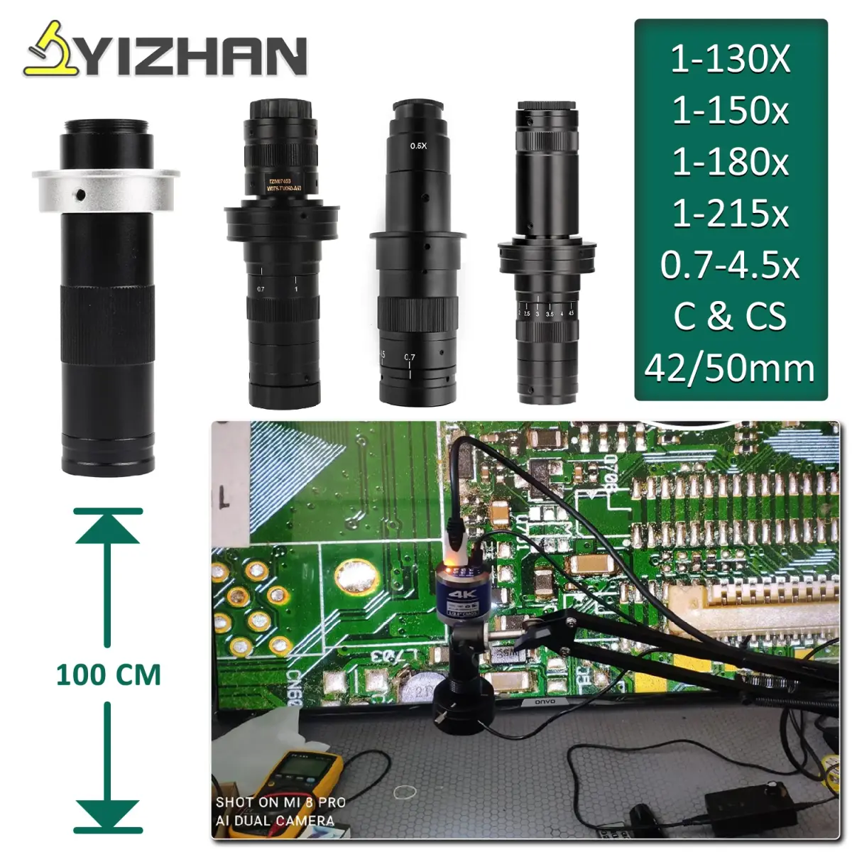 Yizhan 215x 180x 150x lente 0.7x ~ 4.5x ampliação ajustável indústria microscópio lente múltiplos cs C-MOUNT para câmera usb hdmi - 1