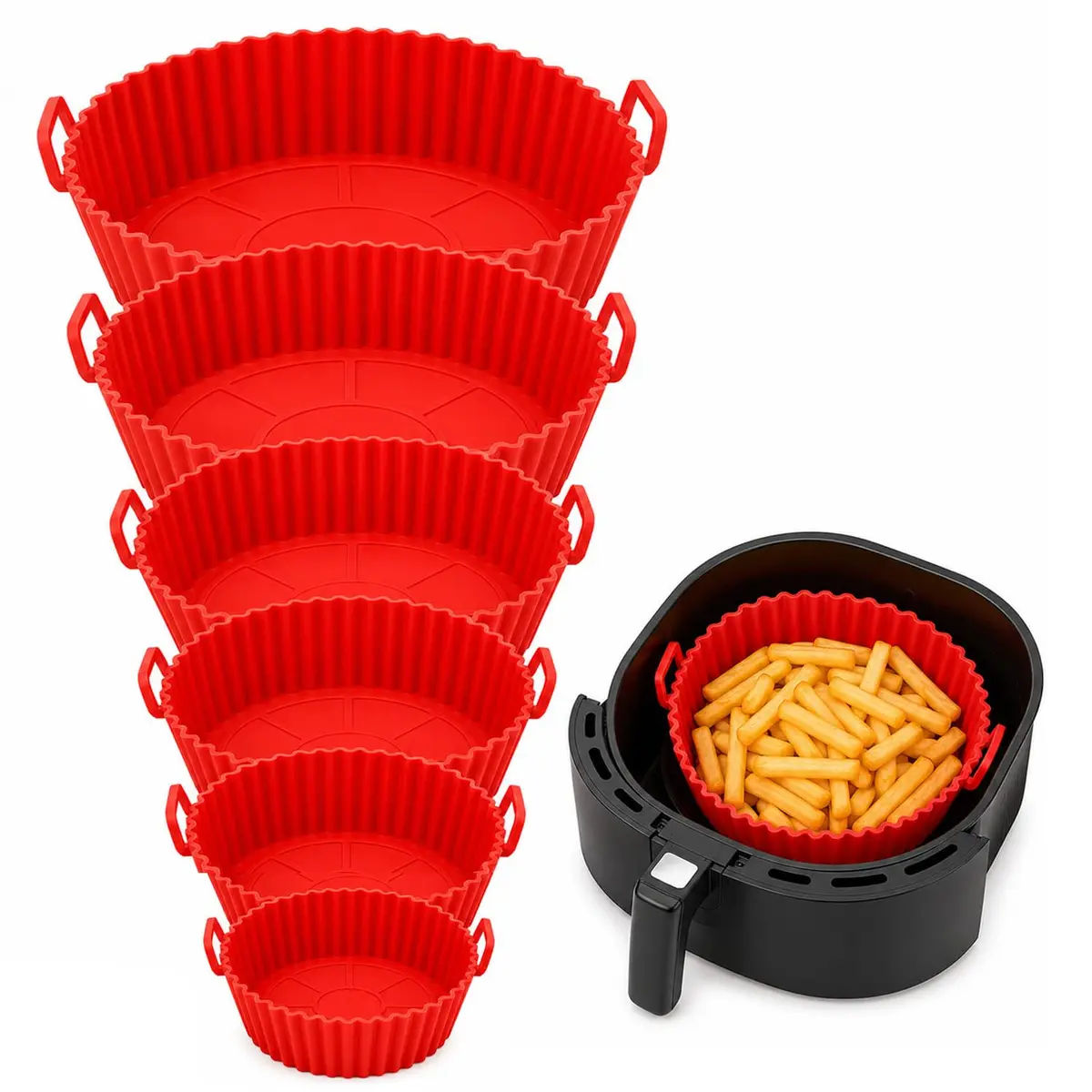 Kit 6 Formas de Silicone para Air Fryer Universal, Antiaderente, Livre de BPA, Reutilizável com Alça