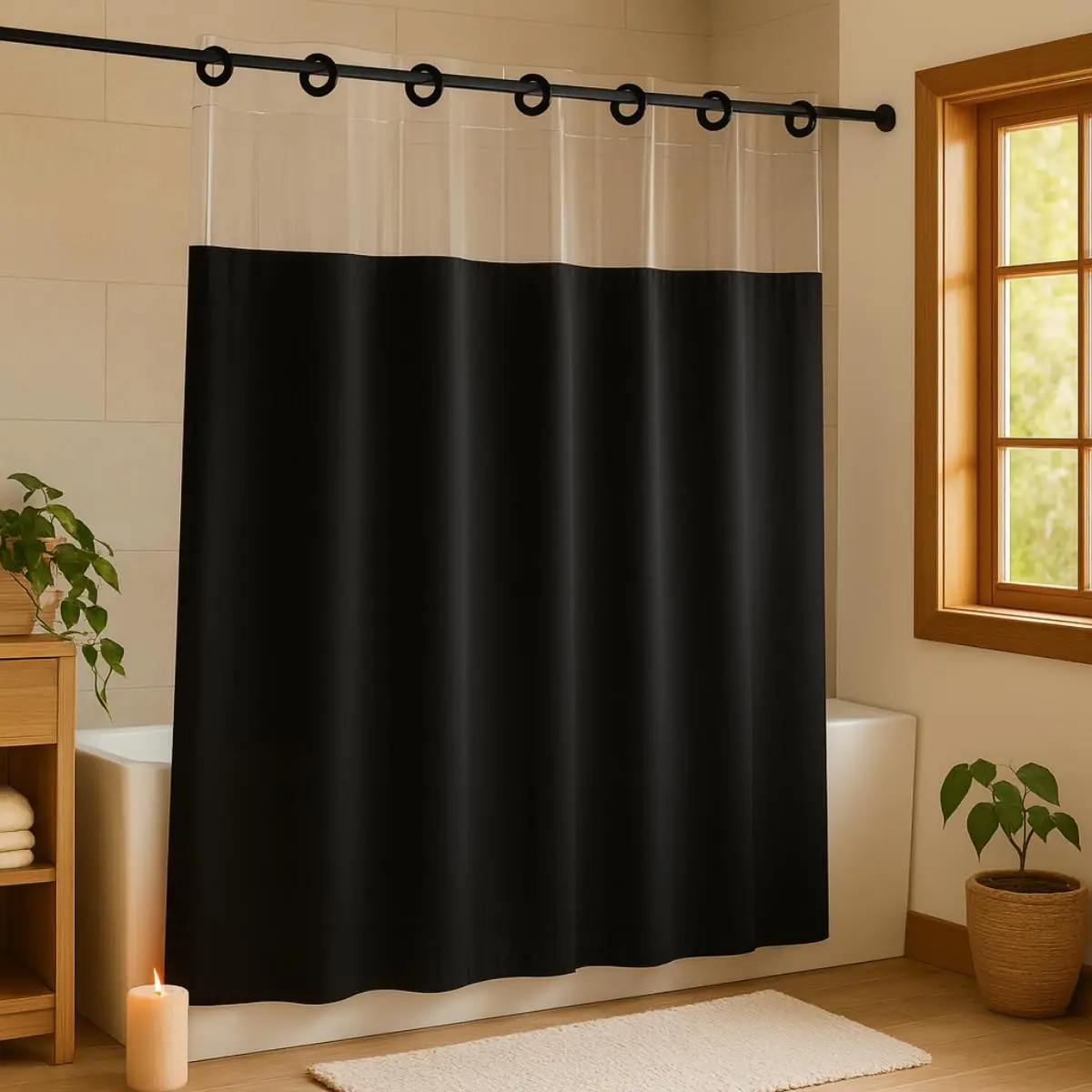 Cortina Para Box de Banheiro em PVC Impermeável Antimofo com Visor Transparente - 1,38 x 2m (PRETO)