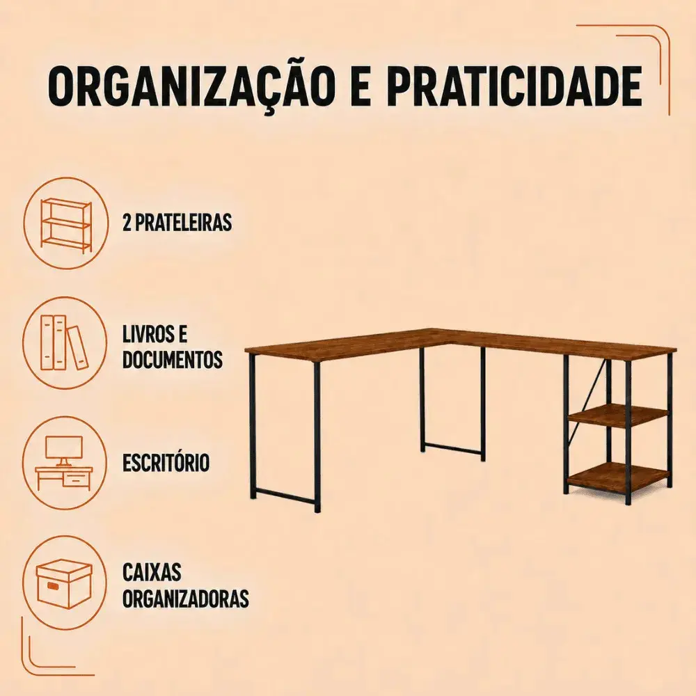 Mesa Escrivaninha Estilo Industrial Em L Com Prateleiras Klm Store thumbnail 6