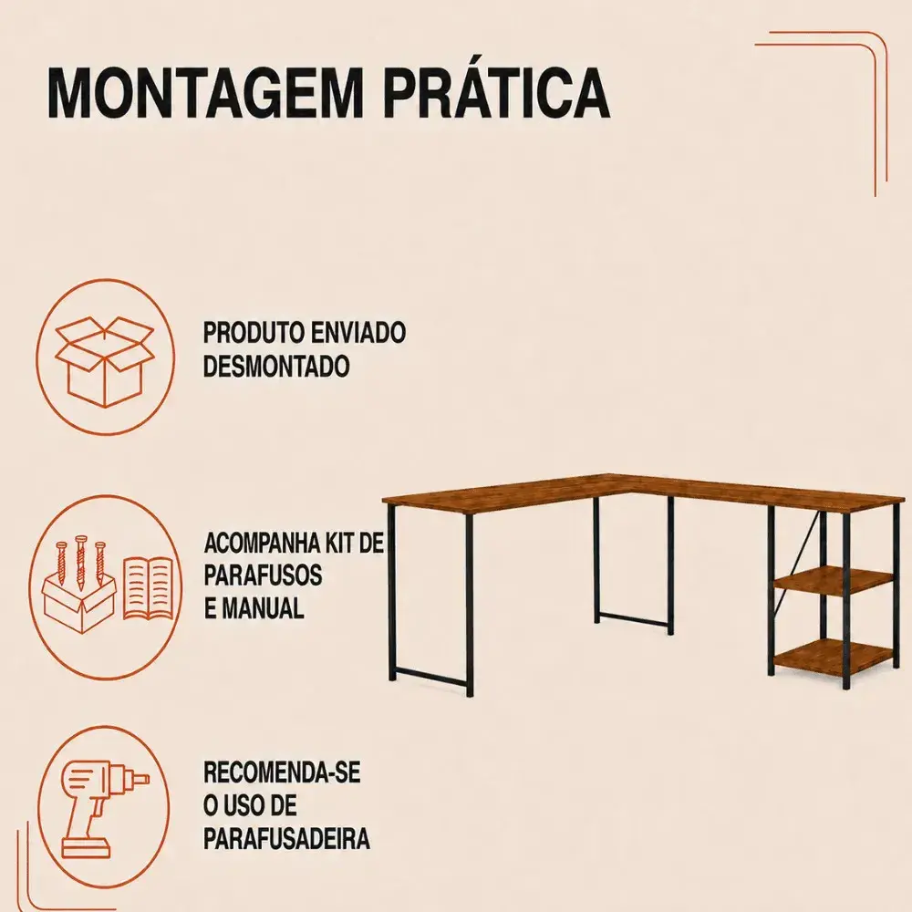 Mesa Escrivaninha Estilo Industrial Em L Com Prateleiras Klm Store thumbnail 7