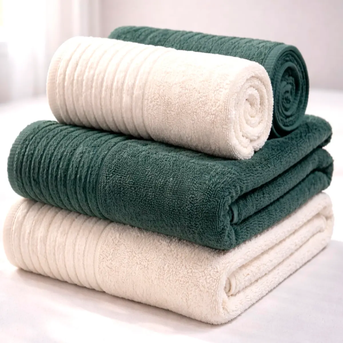 Jogo de Banho Gigante Dohler Confort 500 100% Algodão Macia - Toalha Banhão Barra Jacquard Aveludada - 4 Peças (Mônaco Off White/Verde)