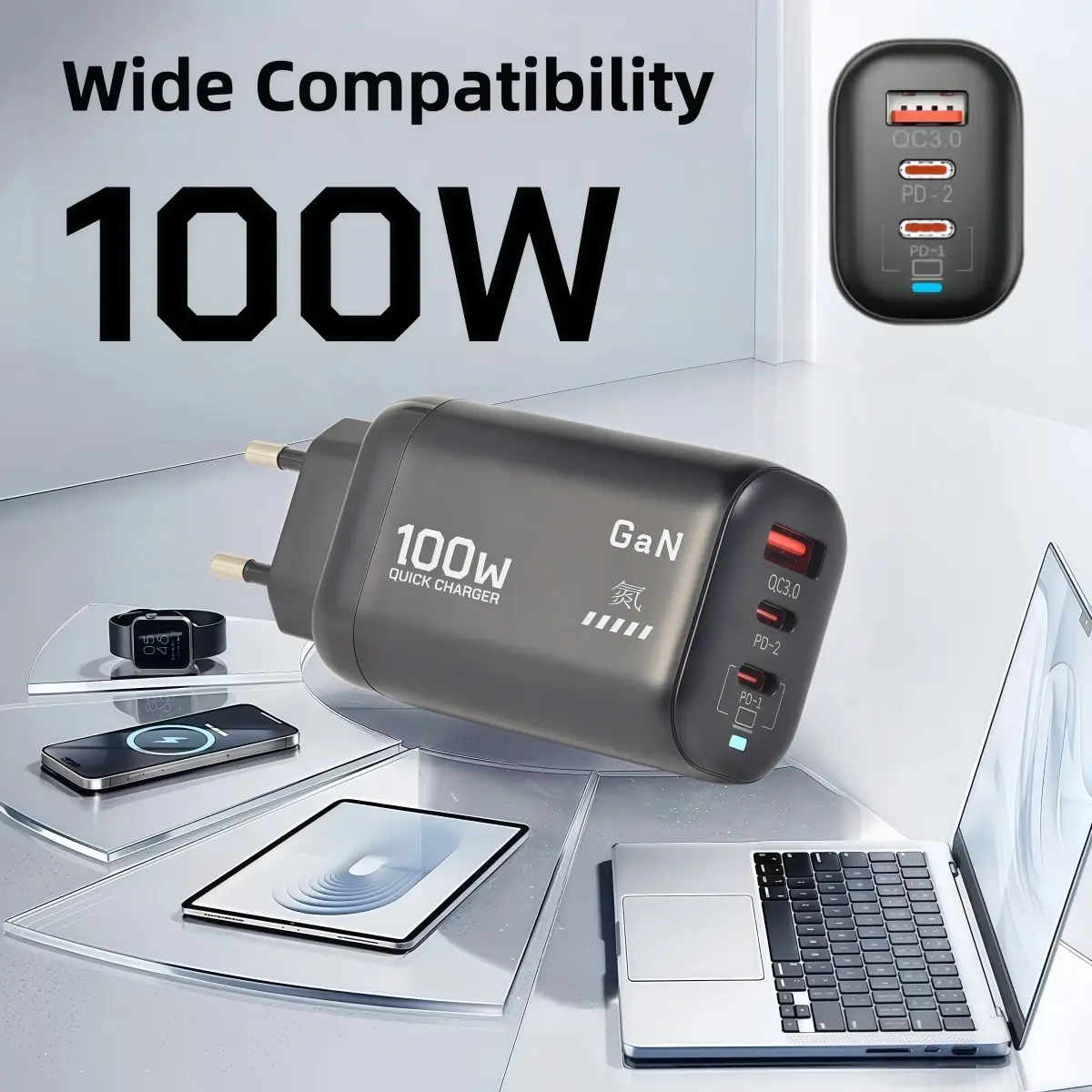 Carregador USB QC 3.0 de 100W GaN PD Tipo C para Laptop, iPad, PPS com carregamento rápido, padrão EU/UK, para Samsung, Xiaomi, iPhone 15, 16 Pro Max e outros celulares.