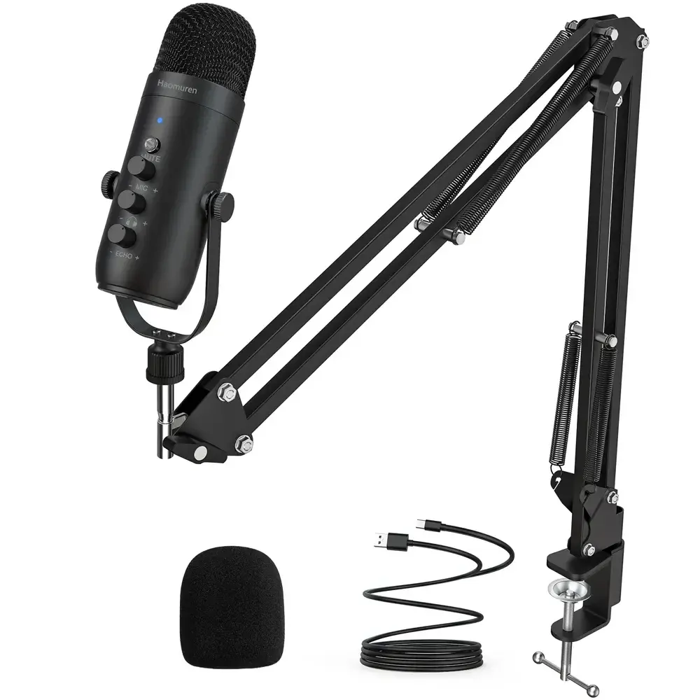 Haomuren profissional usb streaming podcast pc microfone estúdio cardióide condensador microfone kit com braço de lança para gravação youtube