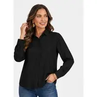 Camisa Feminina Manga Longa Em Viscose Slub Aishty Preto