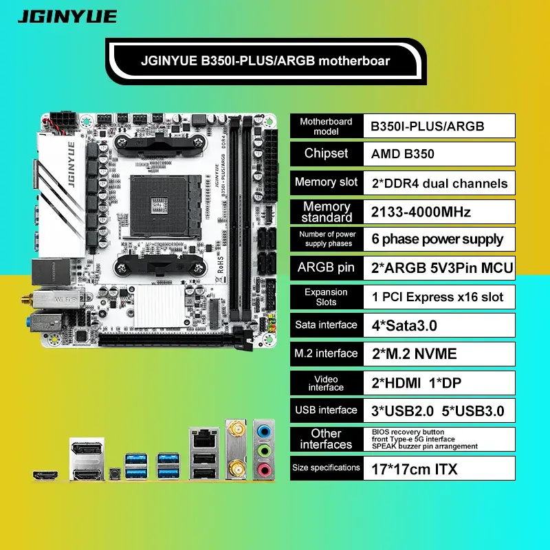 Placa-mãe JGINYUE AMD AM4 ITX Suporta CPUs Ryzen R3 R5 R7 R9 das Séries 1/2/3/4/5, RAM DDR4, PC Desktop, PCI-E 3.0 B350i PLUS ARGB - 1