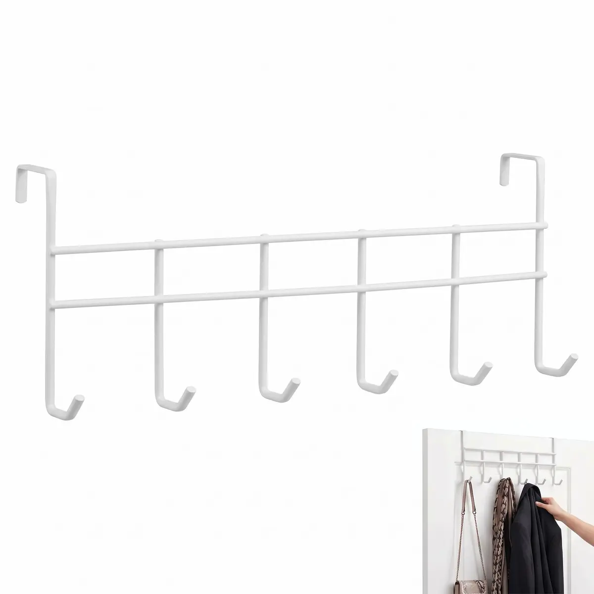 Cabideiro de Porta Metal 6 Ganchos Suporte Organizador Roupas e Toalhas | Otimize o espaço da sua casa, Encaixe Prática sem furos, Ideal para roupas, toalhas e bolsas em quartos e banheiros. - 1