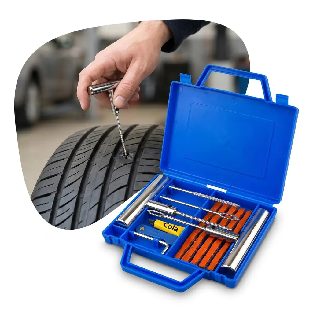 Kit de Reparo para Pneus 12 Peças com Maleta Azul Portátil para Carros | Cola de Borracha Aplicador em T Estilete Escariador 5 Macarrões de Vedação para Reparos Rápidos Emergenciais Pneu sem Câmara
