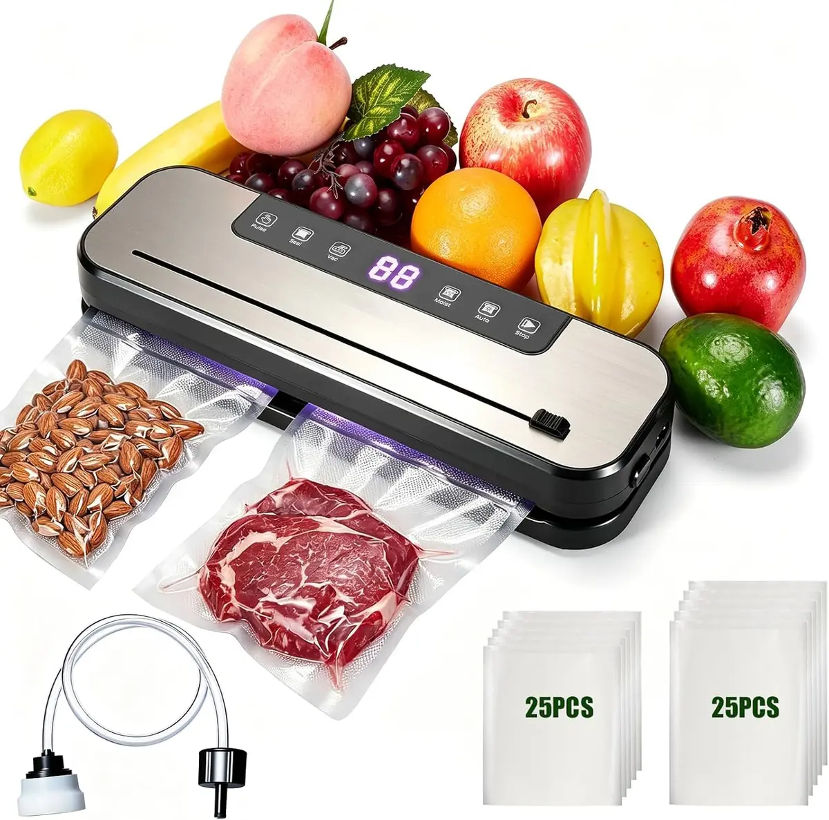 Seladora a Vácuo para Alimentos,Seladora Vacuo, Embaladora e Seladora Vacuo | 50 20*30CM Sacos Armazenamento, Função de Esterilização, Tubo de Sucção Externo, Ideal Cozinha Doméstica, Conserva Carnes