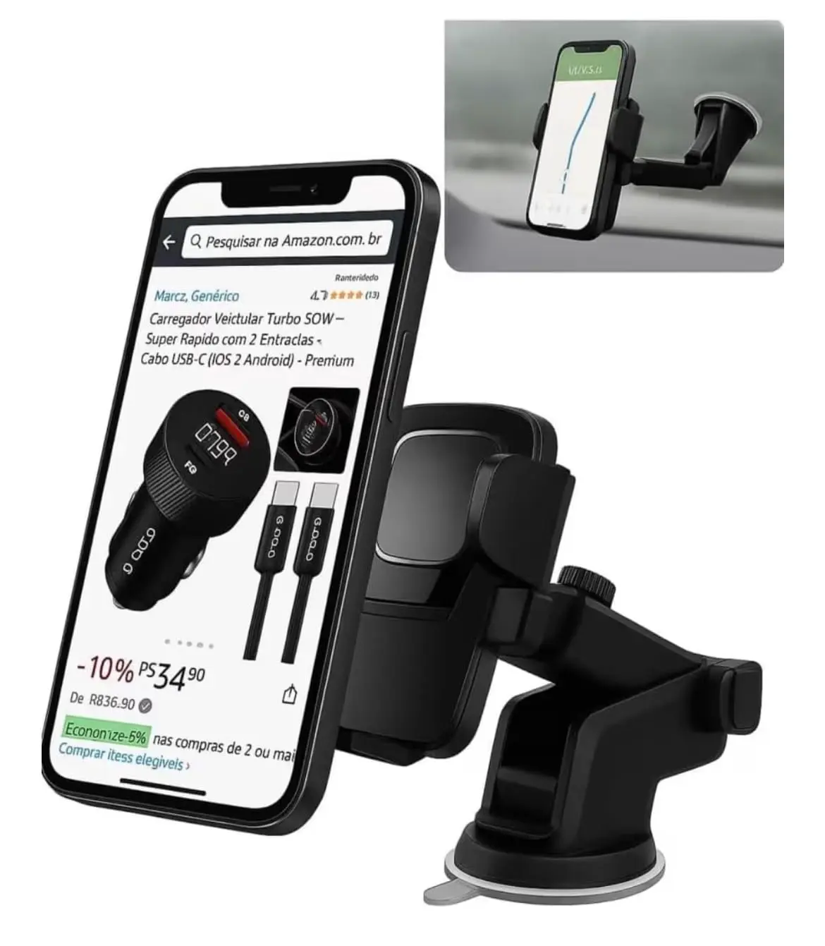 Suporte Veicular Celular Ventosa 360° Trava Automática Painel Para-brisa | Ajuste do Ângulo de Visão, Acesso ao GPS e Praticidade ao Dirigir