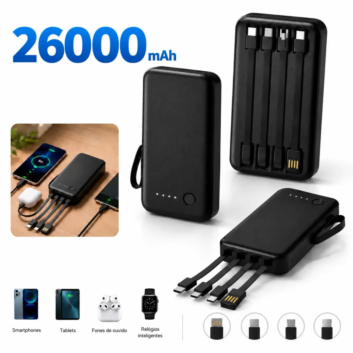 Power Bank 12000mAh e 26000mAh Carregador Rápido Portátil com 4 Cabos USB para Smartphone e Viagem - 1