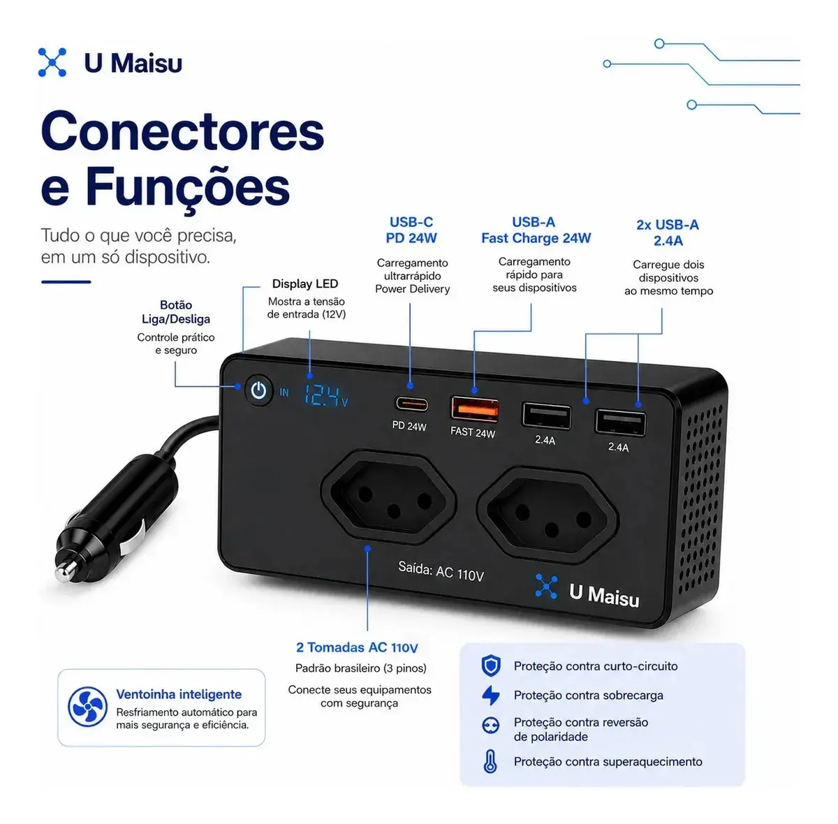 Inversor De Tensão Veicular 12v Para E 300w Automotivo Com Usb E Tomada Para Carro Starlink thumbnail 2