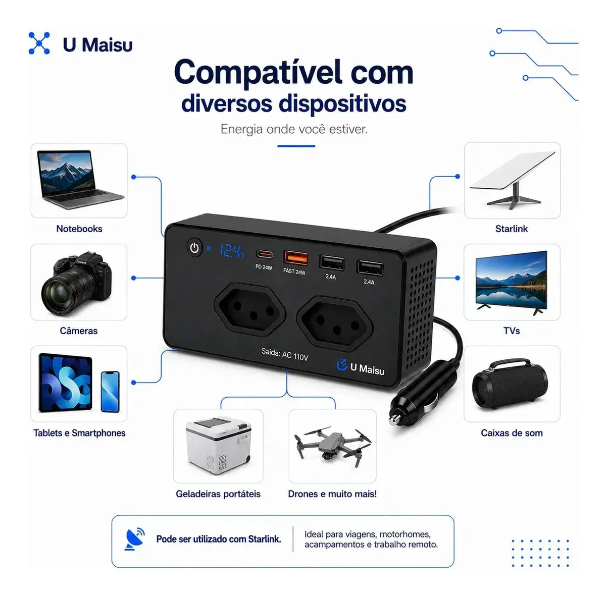 Inversor De Tensão Veicular 12v Para E 300w Automotivo Com Usb E Tomada Para Carro Starlink thumbnail 3
