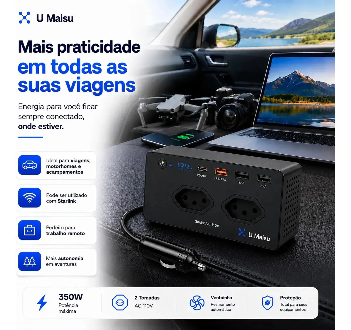Inversor De Tensão Veicular 12v Para E 300w Automotivo Com Usb E Tomada Para Carro Starlink thumbnail 4