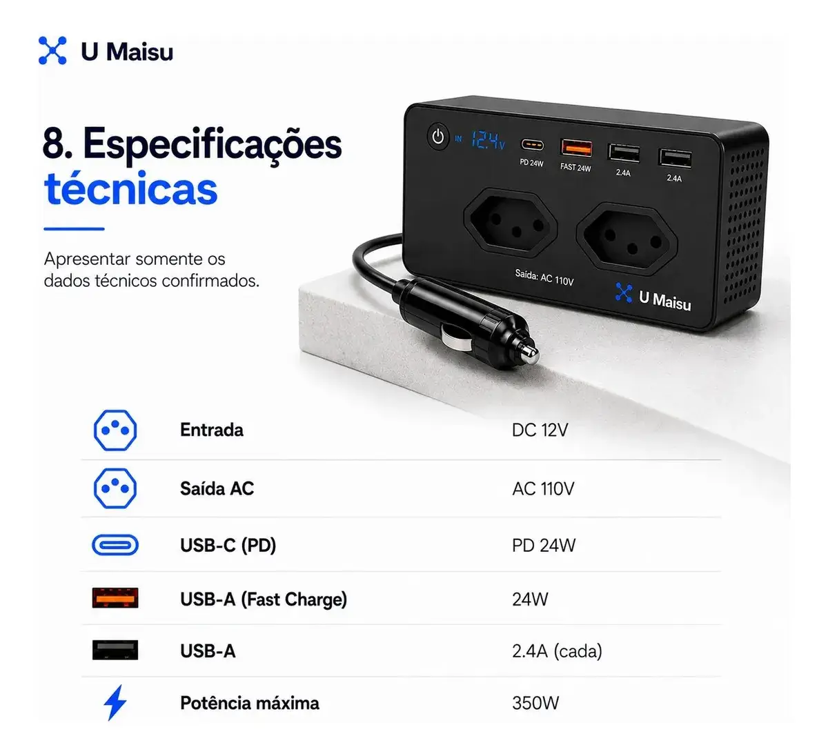 Inversor De Tensão Veicular 12v Para E 300w Automotivo Com Usb E Tomada Para Carro Starlink thumbnail 5