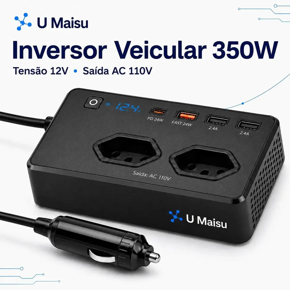 Inversor De Tensão Veicular 12v Para E 300w Automotivo Com Usb E Tomada Para Carro Starlink thumbnail 7
