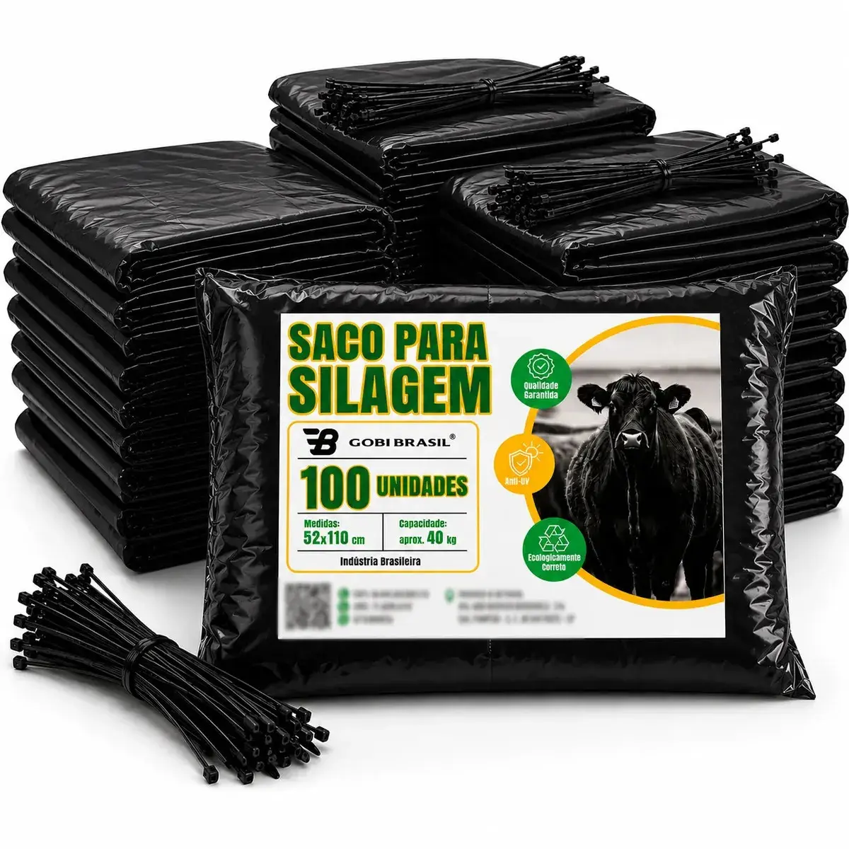 100 Sacos Para Silagem Preto + 100 Abraçadeiras Saco Para Silo Lona Para Silo 200 Micras - Gobi Brasil