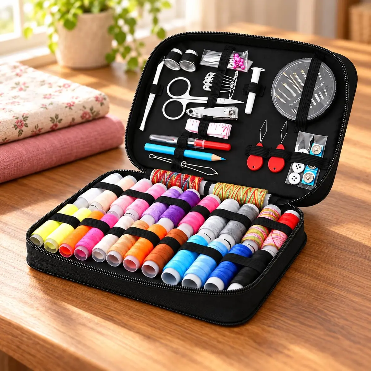 Kit de Costura com Estojo Preto, Linhas, Agulhas e Acessórios 90 peças | Linhas de Costura, Agulhas Incluídas, Estojo Organizador, Para Reparos, 90 Acessórios