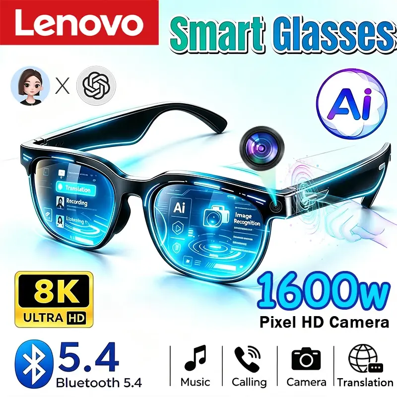Óculos Inteligentes Lenovo com Câmera de 1600W, Gravação em 8K, Tradução em Tempo Real por IA, Fones de Ouvido Bluetooth 5.4, Gravação de Chamadas e Música, Óculos de Sol