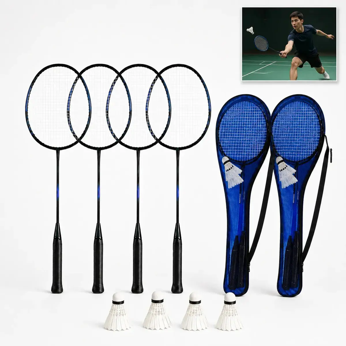 Kit Badminton Completo 4 Raquetes 4 Petecas Bolsas Lazer thumbnail 2