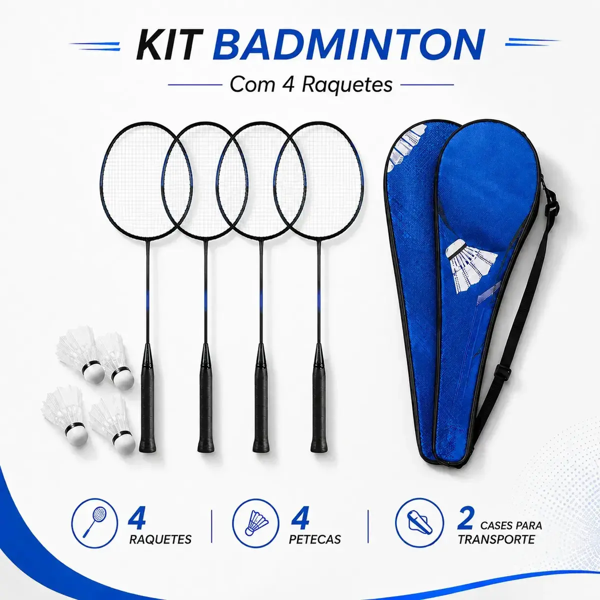 Kit Badminton Completo 4 Raquetes 4 Petecas Bolsas Lazer thumbnail 3