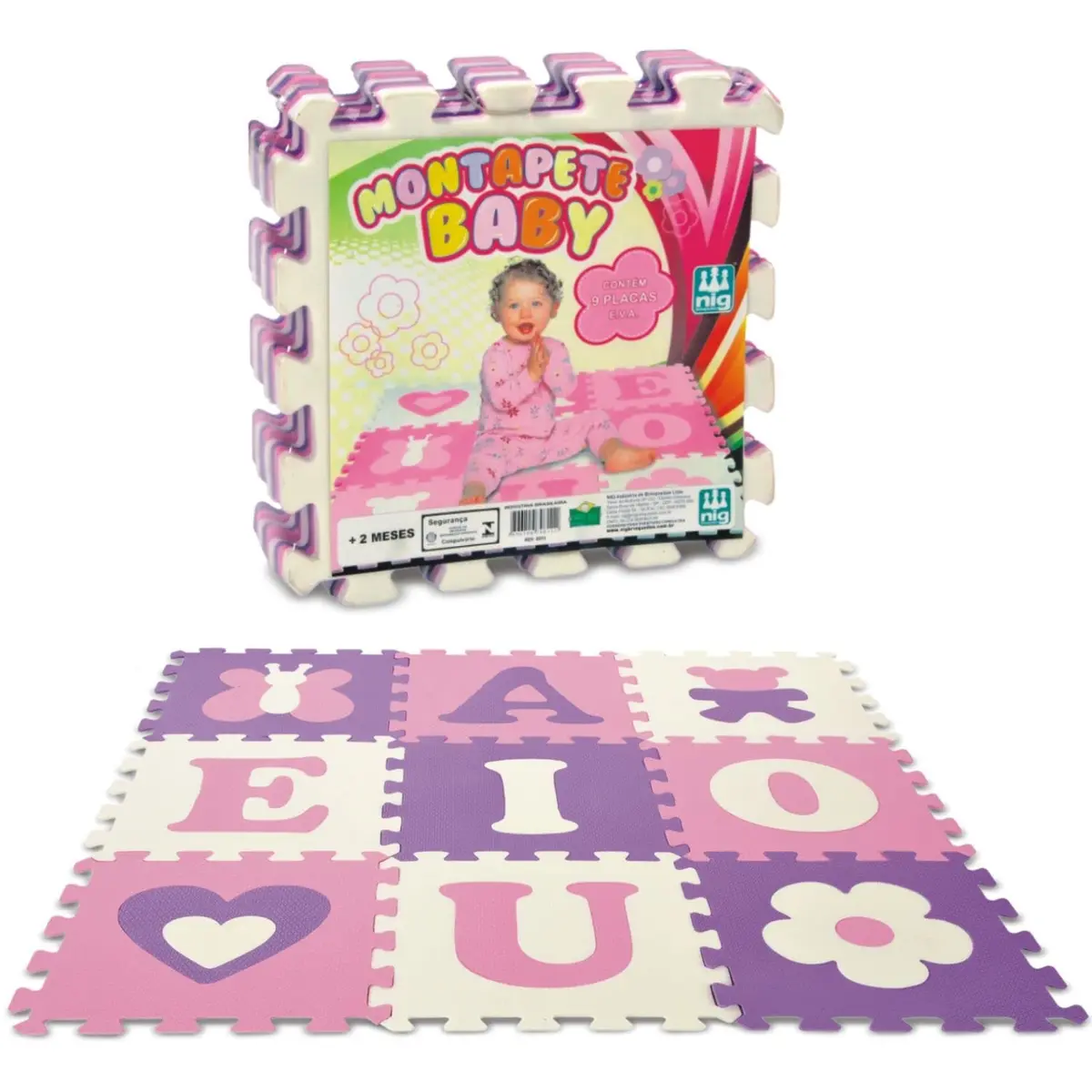 Tapete em Eva, Montapete Baby Rosa 9 peças, Nig Brinquedos, Vogais - 1