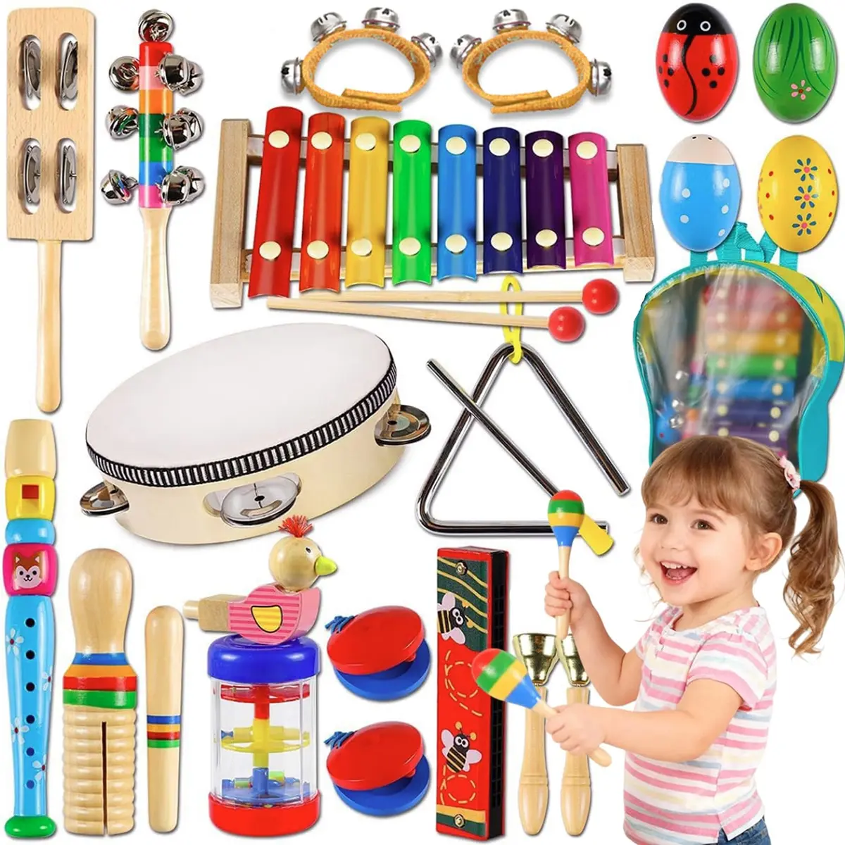 Brastoy Madeira Instrumentos Musical Set de Percussão Brinquedos Infantil Montessori Educativo Com Bolsa