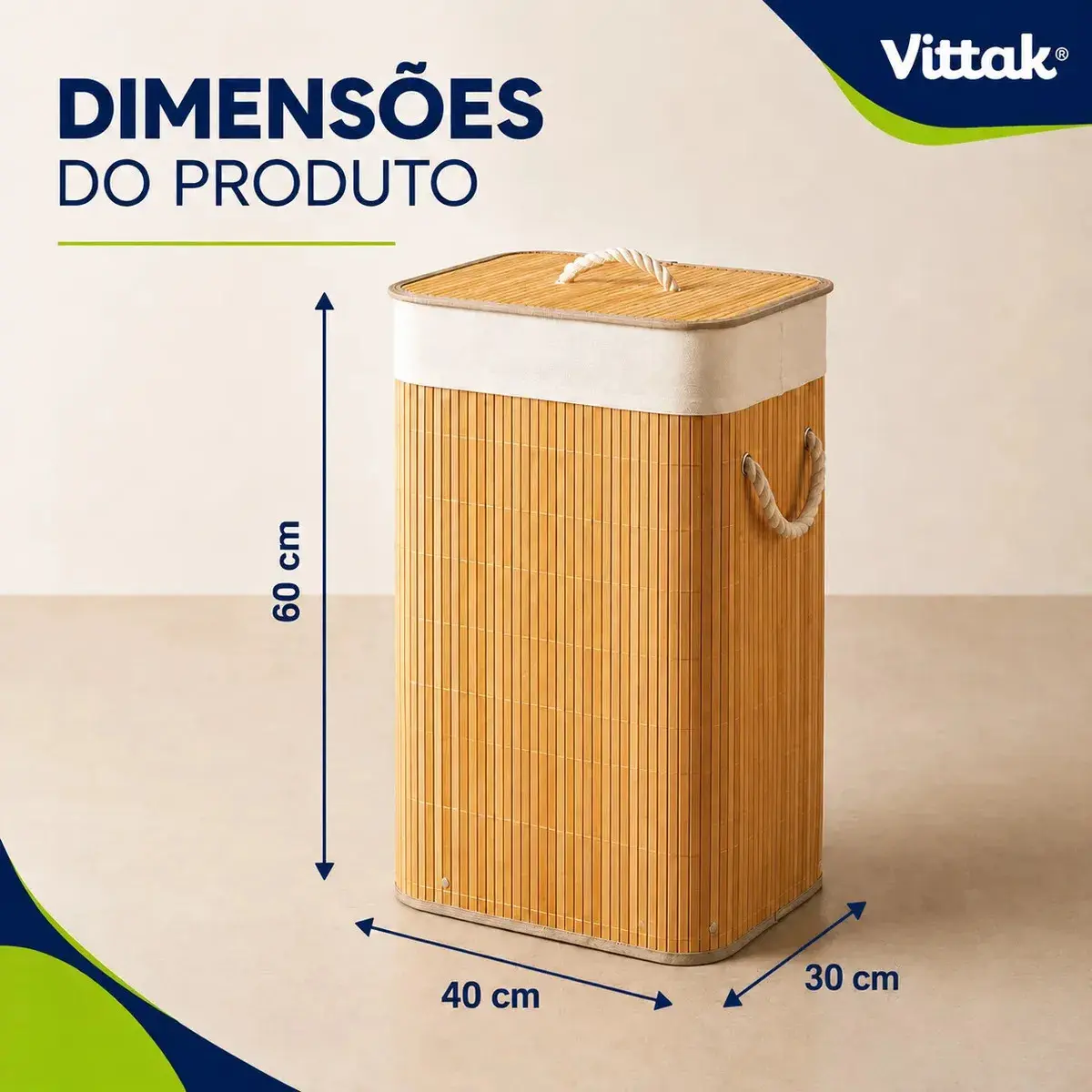 Vittak Cesto De Roupa Bambu 72 Litros Liso Dobrável Retangular Com Tampa E Forro