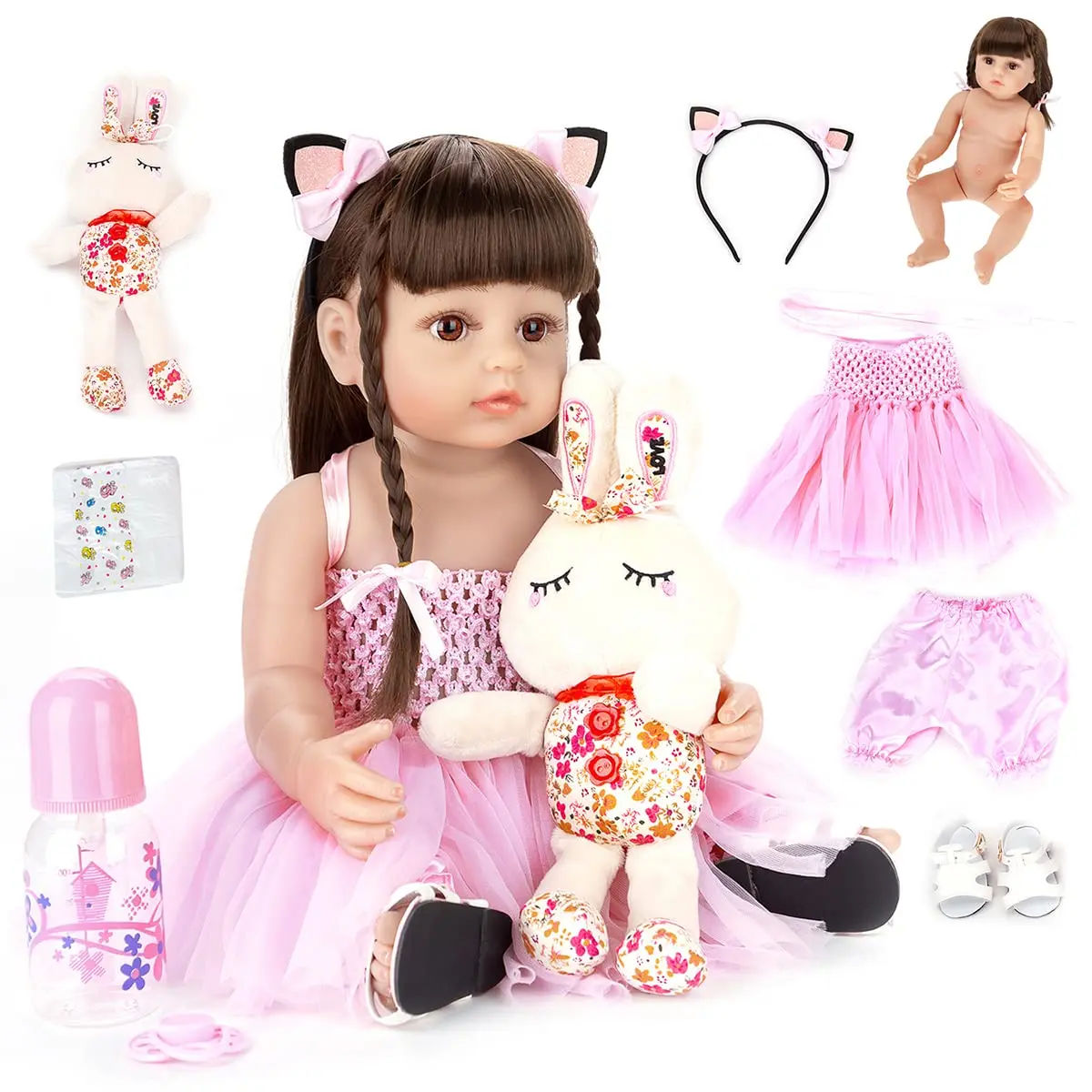 Bebê Reborn Boneca Menina Corpo de Silicone 48cm Olhos Castanhos (Pink)