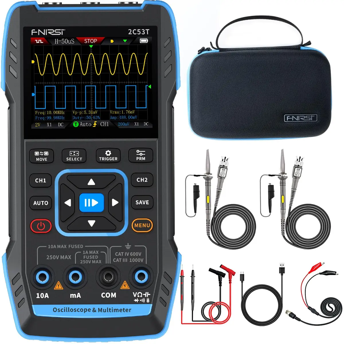 FNIRSI Osciloscópio portátil atualizado 2c53t, largura de banda de 50 mhz, gerador dds de multímetro osciloscópio digital 3 em 1, taxa de amostragem de 250 ms/s, 19999 contagens, tensão, cor