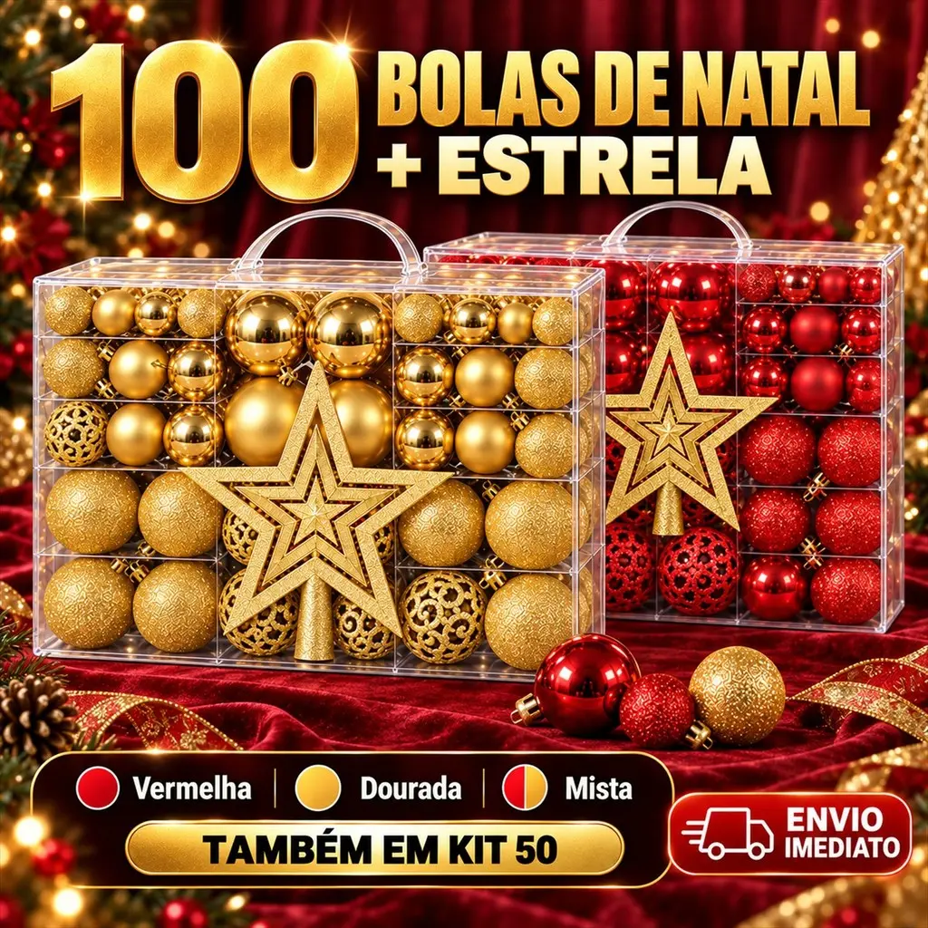 Kit 100 Bolas de Natal E Estrela Ponteira Decoração Enfeite Árvore Fosca Glitter Vermelha Dourada - 1