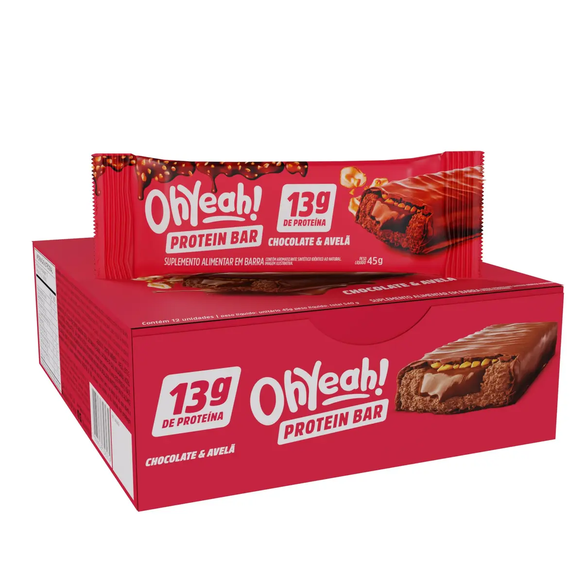 3VS Nutrition Barra de Proteína 45g Oh Yeah - Snack Proteíco - Pré e Pós-Treino - Display com 12 Unidades (Chocolate & Avelã) - 1