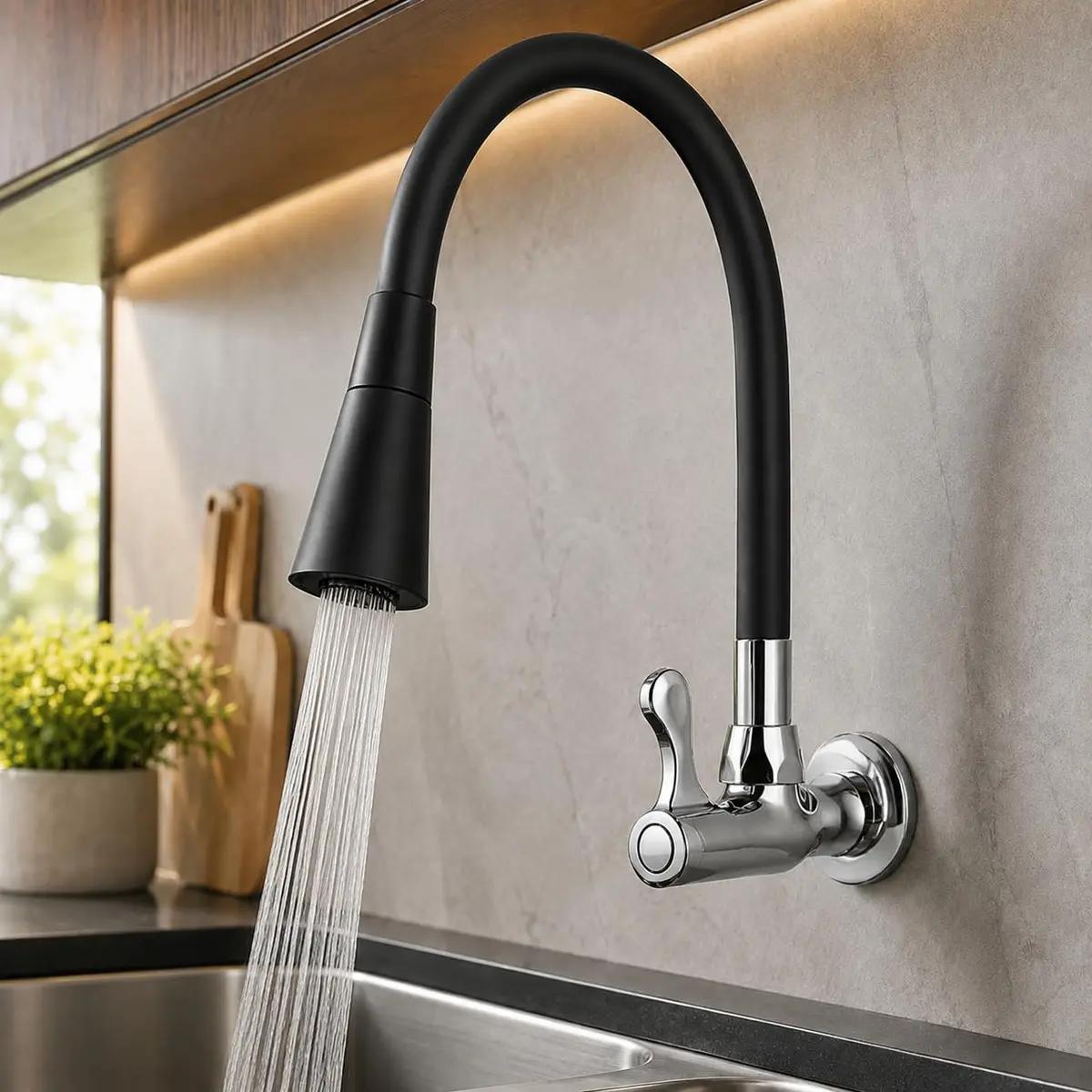 Torneira Gourmet de Parede para Cozinha, Bica Flexível de 45 cm, Torneira para Pia com Design Moderno e Acionamento Prático