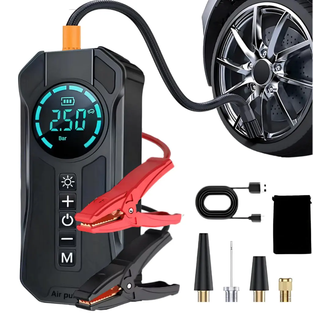 Bomba de Ar Portatil Compressor Inflator Multi-função 4 em 1 PowerBank 8kmah Bateria Calibrador de Carro Auto Pneu - 1