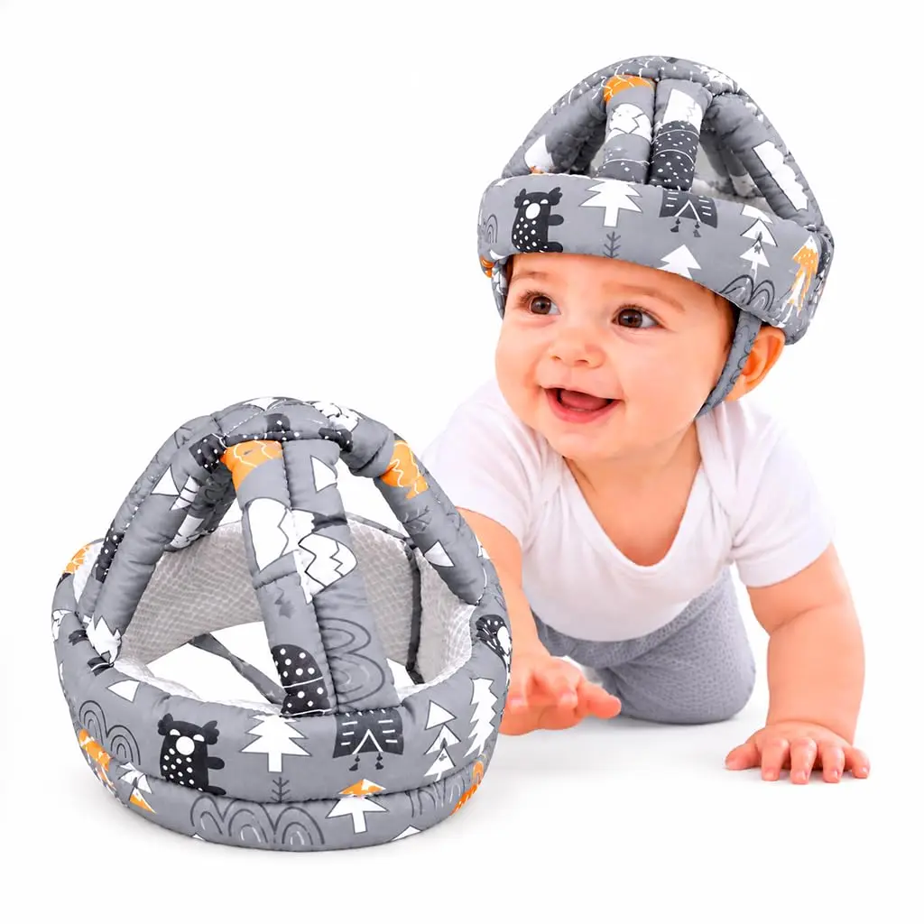 Protetor de Cabeça Bebê Anticolisão Capacete Ajustável Macio Premium Cinza | Almofadado, Circunferência Ajustável de 40cm a 45cm, Para Engatinhar e Caminhar, Tiras de Fixação, Estampado, Resistente