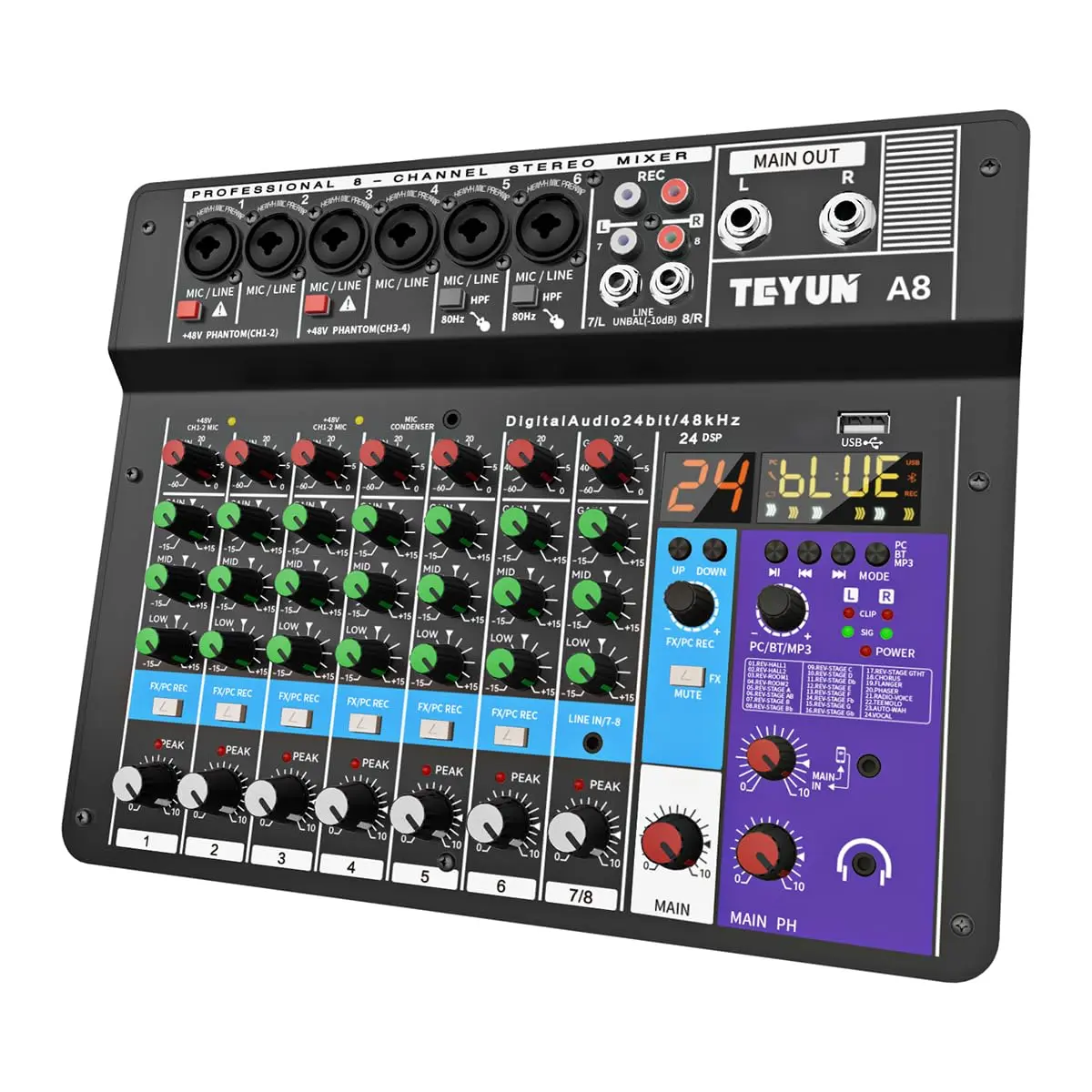 A8 Console de mistura,8 Canais Mixer Profissional para Shows ao Vivo, Karaokê - USB/Bluetooth, Efeito de Reverb, Saída de Monitoração, Controle de Som Estúdio e Palco (Alimentação 110V/127V/220V)