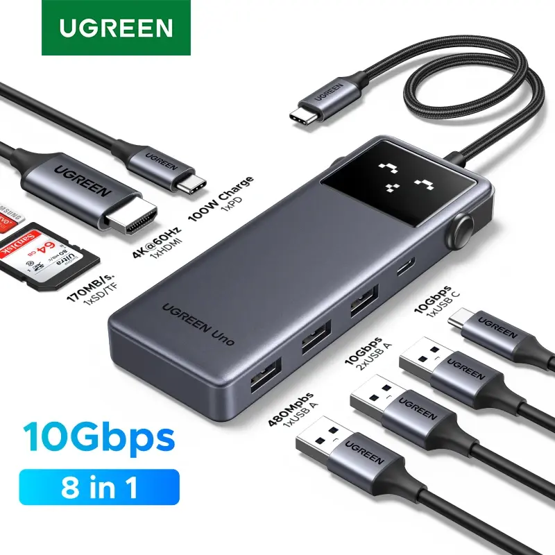 UGREEN Uno Hub USB 8-em-1 Tipo-C para HDMI 4K60Hz USB3.2 10Gbps Slot SD TF para Acessórios de MacBook HP Dell Estação de Docagem