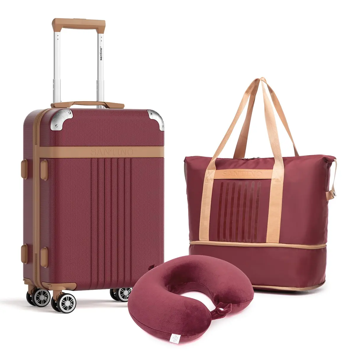 Kit 3 Peças SANTINO Mala de Bordo 20" Mala de Bordo 10kg Rígida em ABS com Cadeado TSA, Rodas Removíveis 360°, Bolsa Expansível e Almofada U para Viagem - 1