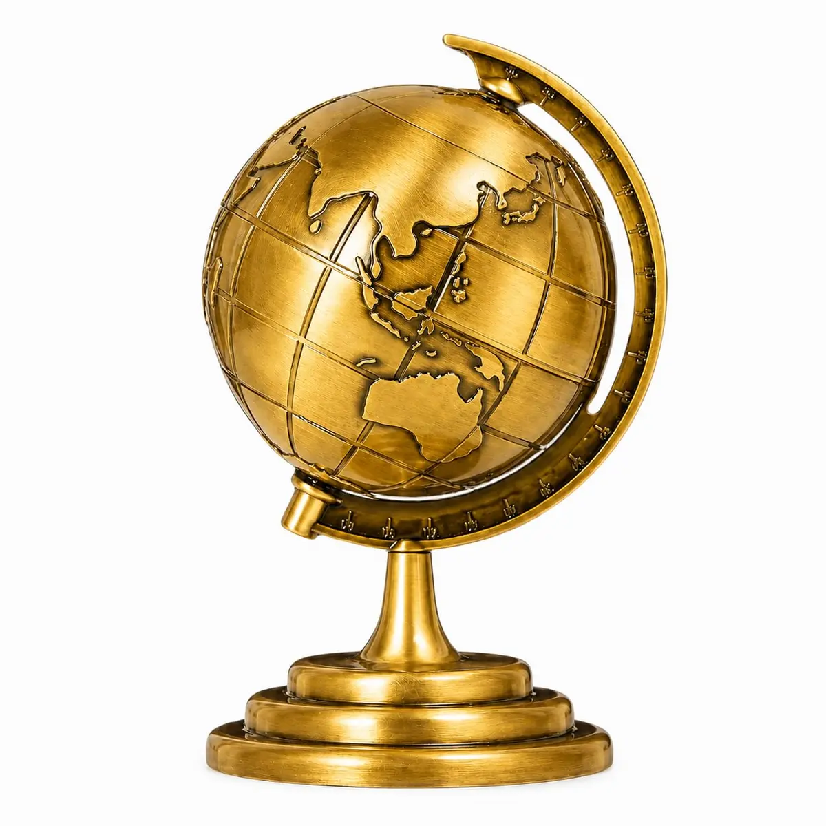 Globo Terrestre Decorativo, Metal Bronze Envelhecido, Base Clássica, Mapa Mundial em Relevo, Ideal para Escritório e Decoração, 13 cm (Ouro)