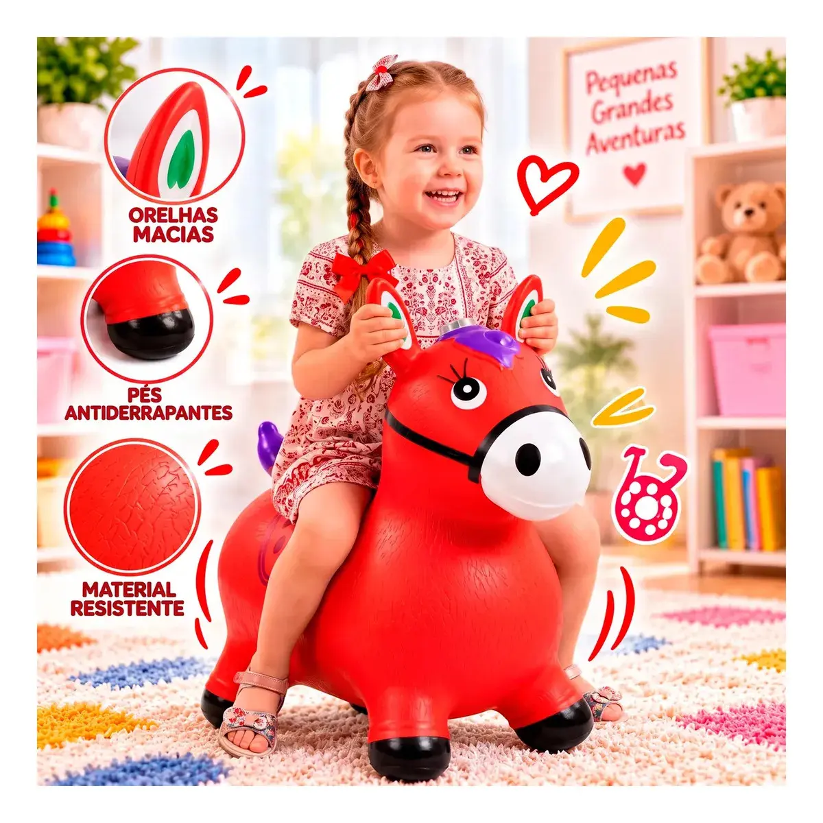 Cavalinho Upa Upa Infantil Good Vision Pula Pula Brinquedo Musical Com Som e LED Para Crianças Cavalo Inflável De Borracha Brinquedo Infantil - Cor VERMELHO