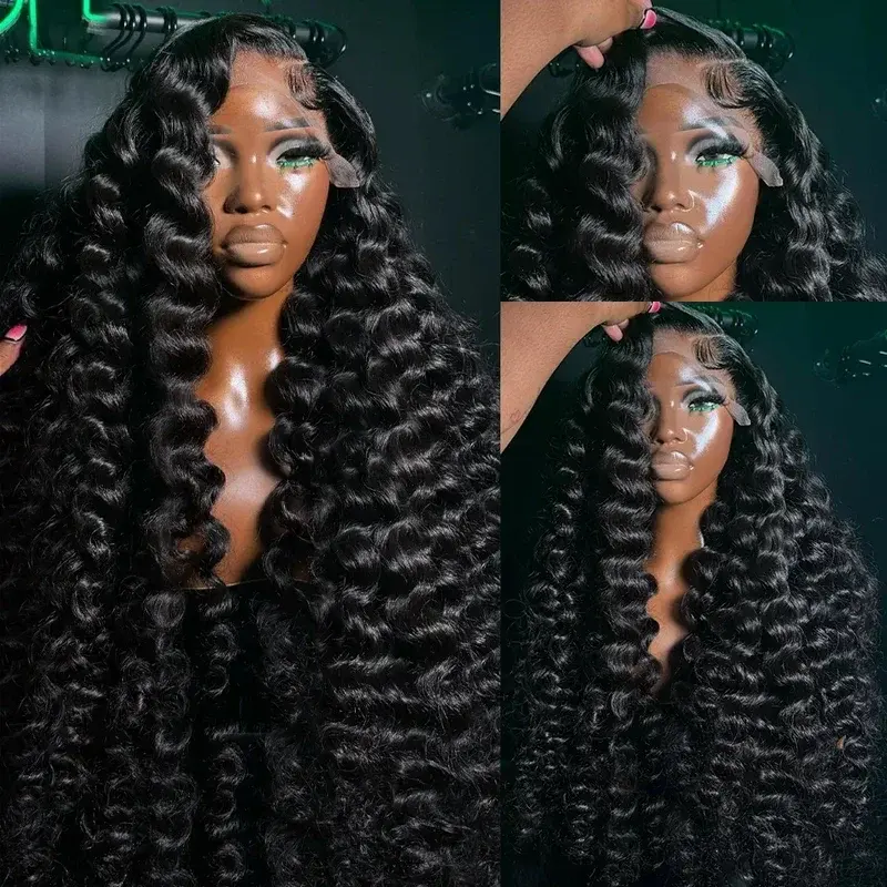 Peruca Frontal HD de Renda 13x6 com Cabelo Humano Ondulado Solto de 40-42 Polegadas, Perucas Brasileiras Onduladas Profundas e Cacheadas com Renda Frontal para Mulheres