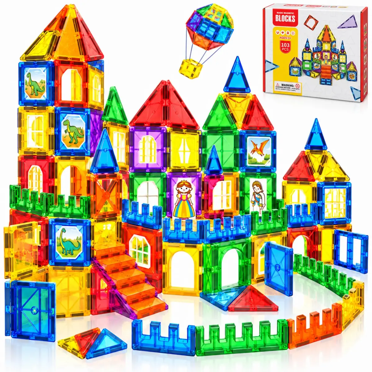 Blocos Magnéticos 103 Peças, Brinquedo Educativo Infantil, Peças Grandes | 103 peças, Peças grandes, Forte conexão magnética, Brinquedo educativo, Construções 2D/3D, ABS resistente, Bolsa para guardar - 1