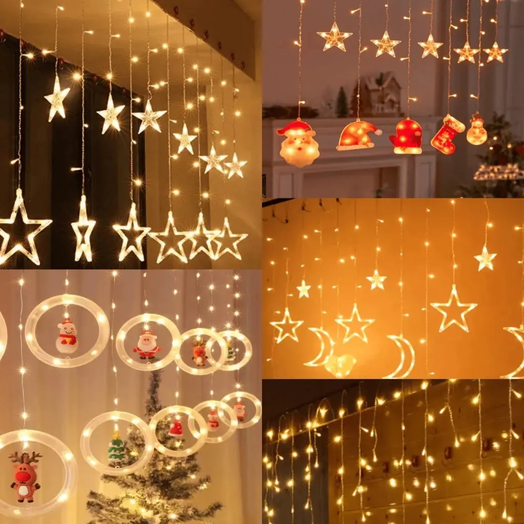 Decoração de Natal :3M Luzes de Cortina 110V-220V com Estrelas, Anéis e Cristais – Ideal para Árvore, Festas e Reuniões - 1