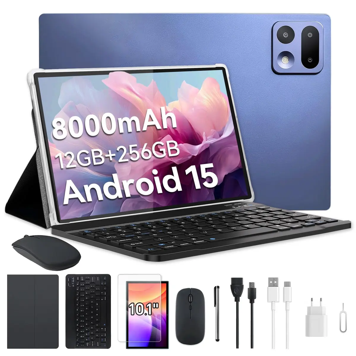Xixaomiro Tablet Android 15 Pad 10.1", 256GB ROM + 12GB RAM, Câmera 13MP + 5MP, Bateria 8000mAh – Kit Completo com Caneta, Mouse, Teclado e Capa, Adequado para Estudo, Trabalho e Lazer (Azul marinho)