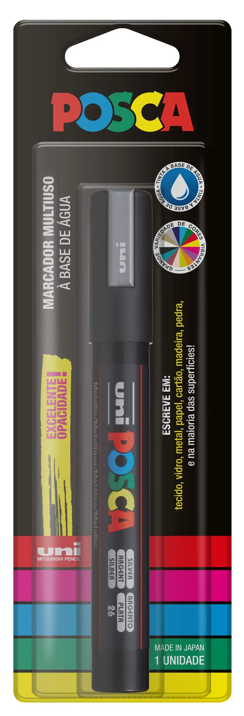 POSCA, UNI, Caneta Marcador PC-5M, Ponta Média, traço de 2,5mm a 6,8mm, Prata, Blister com 1 Unidade