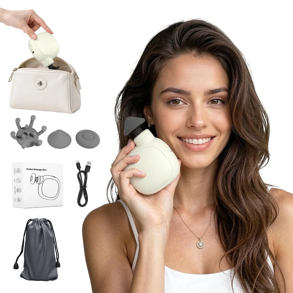 Pistola de massagem PocketForce Mini com 4 velocidades e 4 cabeças | Uso Profissional, Alívio Muscular, Fisioterapia, Portátil, Recuperação Muscular