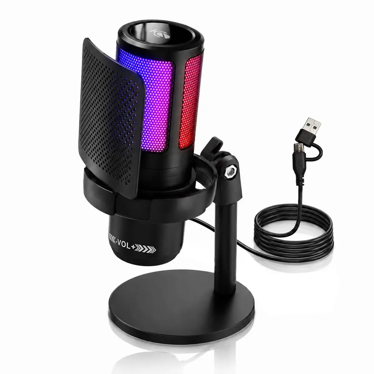 Microfone Condensador de Mesa RGB Ajustável com Controle de Silenciamento Por Toque, Compatível com Celulares e Computadores, Ideal para Jogos, Podcasts e Transmissões Ao Vivo