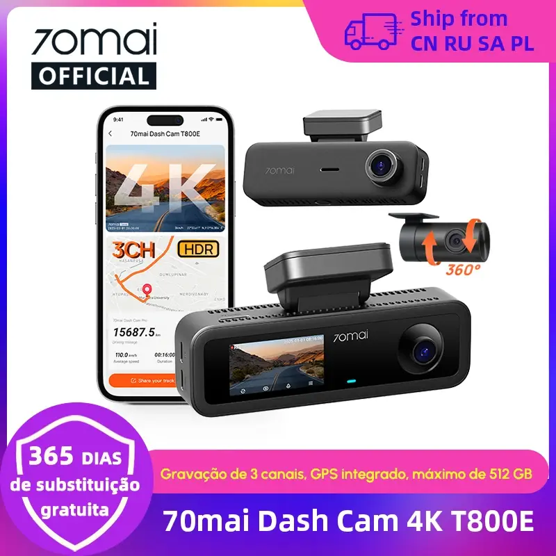70mai 4K T800E Câmera Veicular 3 Canais Dianteira Traseira Interior 3 em 1 Controle por Voz Monitoramento de Estacionamento 24H Supercapacitor GPS DVR Automotivo 4K 70mai T800E - 1