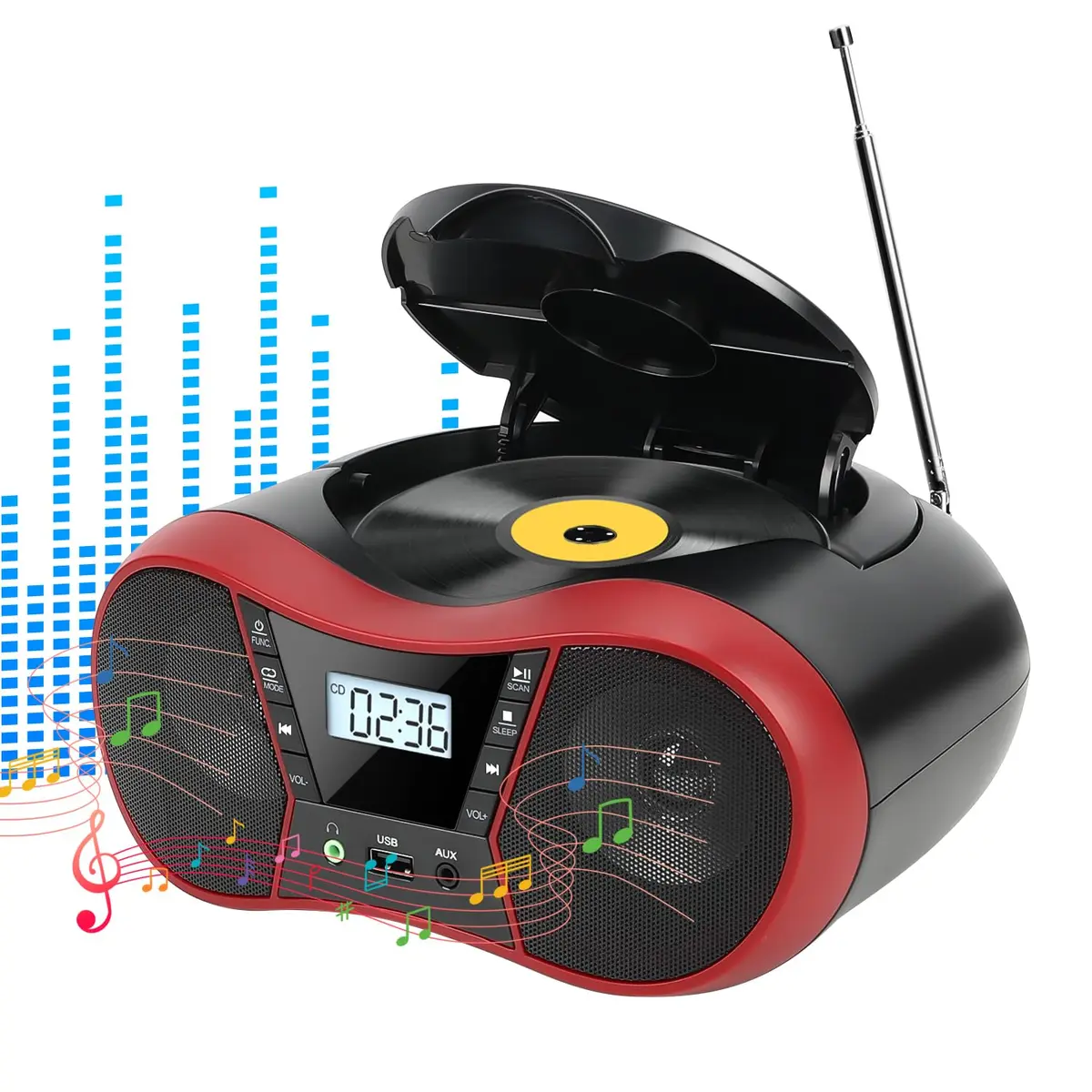 Boombox Portátil com CD Player, Rádio AM/FM Estéreo e Bluetooth – Toca CD/CD-R/CD-RW, USB, Funciona com Pilhas – Mini System para Casa, Praia e Festas