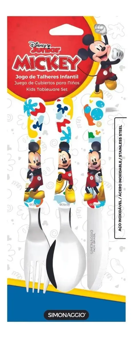 Conjunto Talheres Infantil Mickey Simonaggio 3 Peças Aço Inoxidável
